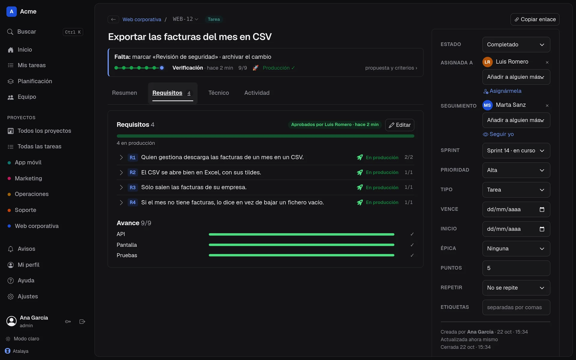 Ficha de la tarea WEB-12 con sus cuatro requisitos en producción y el avance de las tareas, 9 de 9.