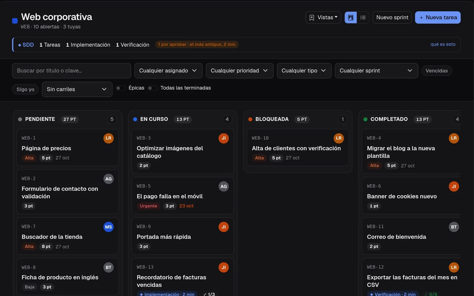 Tablero de Atalaya del proyecto Web corporativa: arriba el resumen SDD (una tarea por aprobar) y tarjetas con su fase: Implementación, Verificación, Producción.